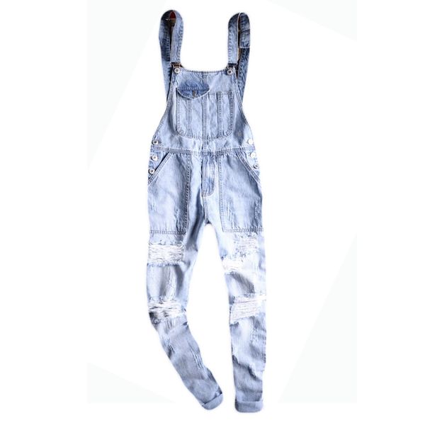 

new men's light blue slim snow washed denim bib overalls casual hole ripped suspenders jumpsuits cargo torn jeans