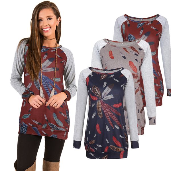 

women feather printed sweatshirt spring autumn long sleeves printed pullovers women crew neck t-shirt cotton am126, White