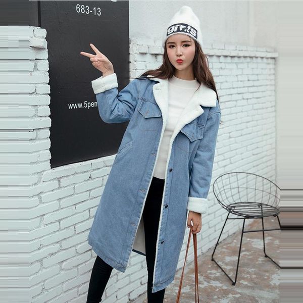 

spring autumn winter new 2018 women lambswool jean coat with 4 pockets long sleeves warm jeans coat outwear wide denim jacket, Black;brown