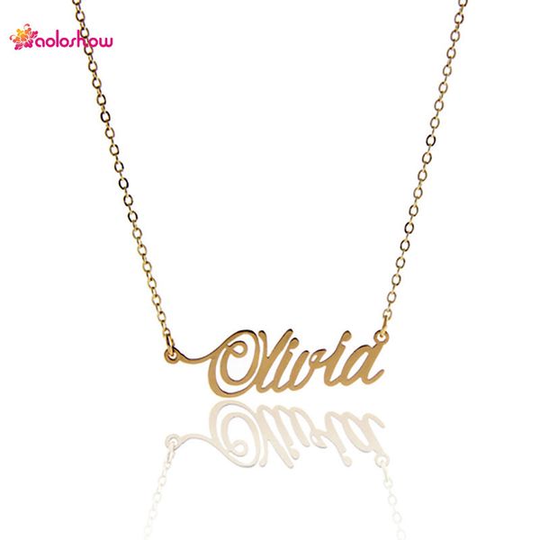 Olivia 18k banhado a ouro colar de nome de aço inoxidável para mulheres personalizado placa de identificação colar para o dia dos namorados, NL-2420