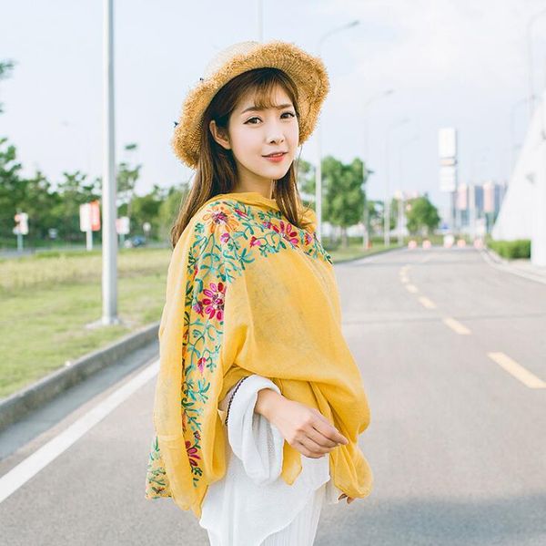 18 Дизайн этнического стиля женские шарф вышивка цветок хлопчатобумажные льняные шарфы 170 * 90см весенний осень обертка шаль девушки подарки