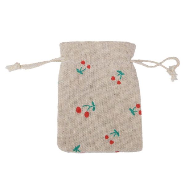 

lot of 10pcs jewelry pouch small linen drawstring gift bag cherry motif red + green + cream color