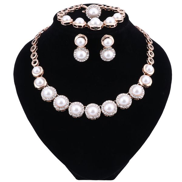 

crystal bridal jewelry sets gold color wedding simulated pearl necklace earrings bracelet ring set wedding accessories, Black