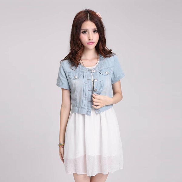 

Slim Ladies Denim Jackets Slim Fit Jeans Coat Classical Jackets Coats Short Sleeve Summer Casual Female Jackets Women Outerwear