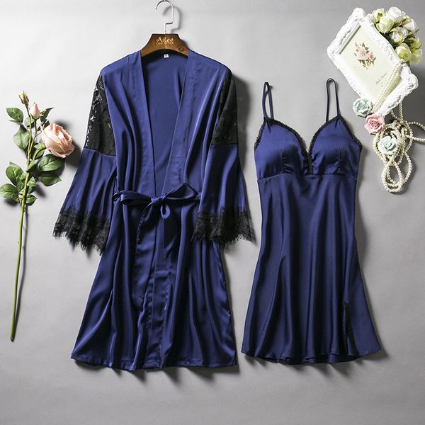 

female 2pcs sleepwear lace trim nightwear negligee autumn new women kimono bathrobe gown rayon satin robe set nightgown, Black;red