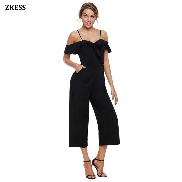 

zkess women black ruffle neckline straight jumpsuits fashion casual hammock cropped wide leg summer rompers with pockets lc64390, Black;white