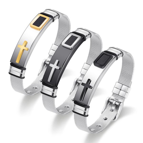

stainless steel net band bracelet bangle for women men watch band design christ cross prayer male jewelry adjustable length, Black