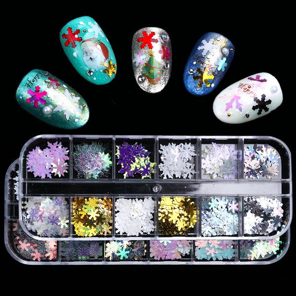 

12 grids/box mixed ab nail flakes holographic paillettes snow flowers sequins metal nail art decor accessories diy manicure, Black