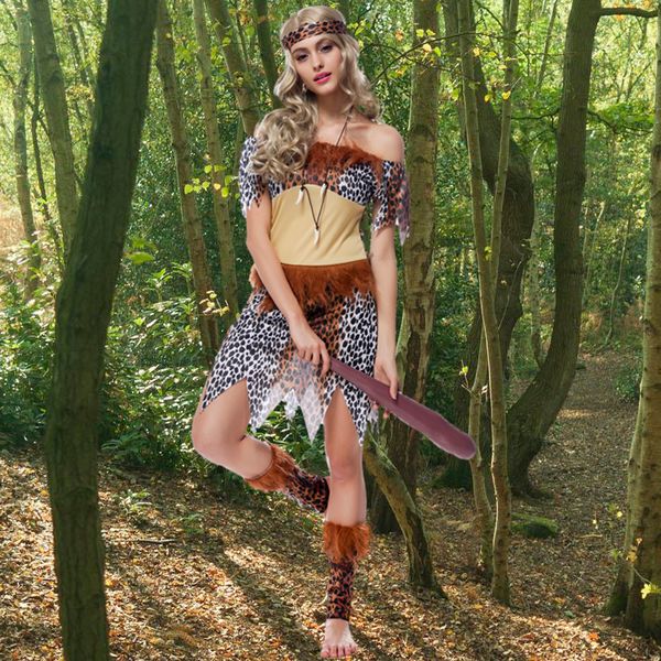 

women's leopard print native indians princess of tribe role-playing costume set cosplay for halloween party, Red