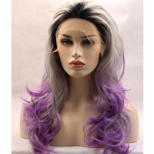 Black Grey Light Purple Colors Ombre Synthetic Lace Front Wigs