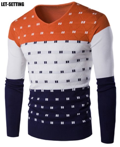 

autumn winter color slim fit print pullover warm men sweater fashion striped long sleeve v-neck shirt -2xl,green,blue,red,gray, White;black