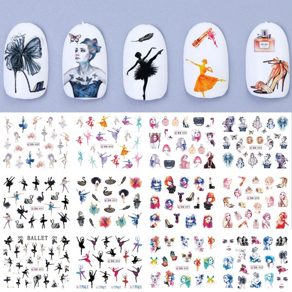 

12pcs/set nail art sticker retro styles slider watercolor ink ballet dancing women accessoires tips for nail polishtrbn889-900, Black