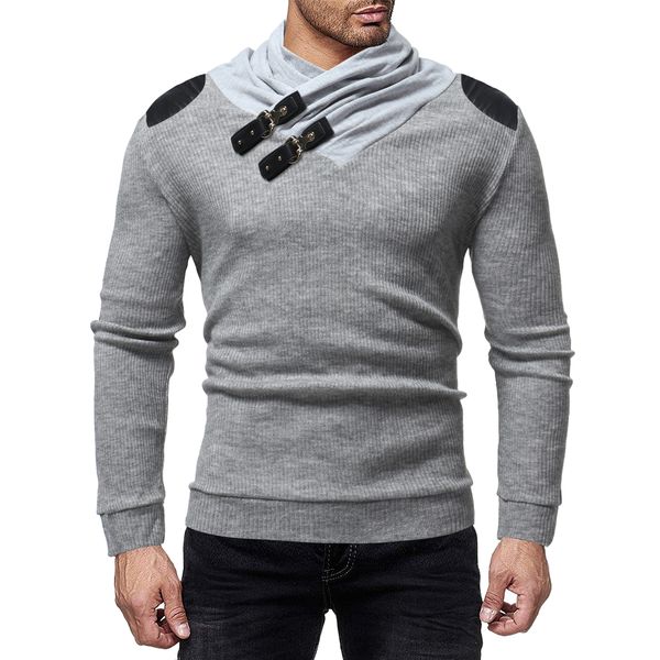 

loldeal men's fashion personality leather buckle neckline stitching tide slim pullover solid warm knitting jumper sweater, White;black