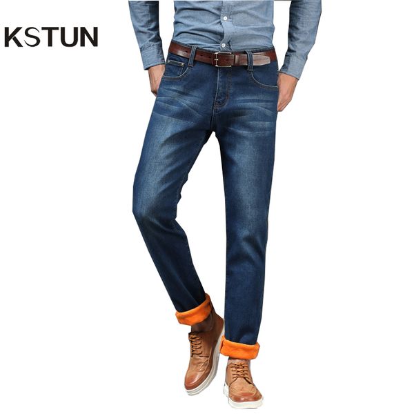 

kstun jeans men straight thicken stretch fleece blue soft warm classic denim pants business casual male trousers 38