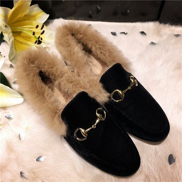 

zapatos de mujer design lazy shallow rabbit flats shoes mouth round chain slip casual women fashion on shoes fur with toe metal decorat hnct, Black