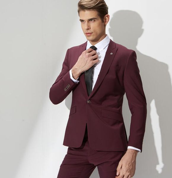 

2018 burgundy wine red custom made wedding suits 2 pieces men suits slim fit formal handsome grooms business suits groomsman prom man, Black;gray