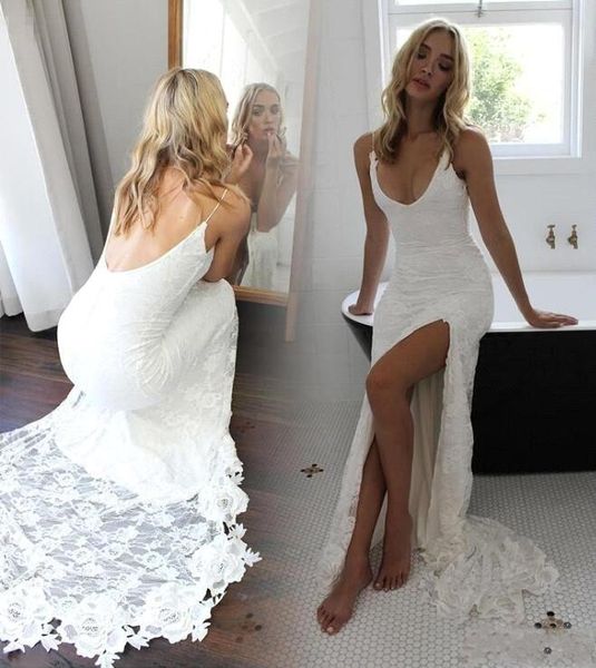 

new beach lace mermaid wedding dresses 2020 open back side split bohemian bridal party gowns ba7520