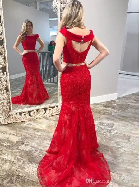 

off shoulder two piece formal prom dresses lace applique beaded mermaid graduation party gowns red carpet dress custom made evening dresses, Black