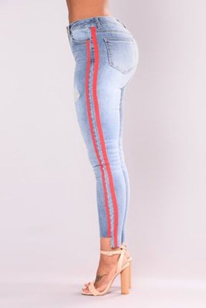 

slim high street jeans women basic classic high waist skinny pencil denim pants striped ripped hole elastic stretch jean women plus size, Blue