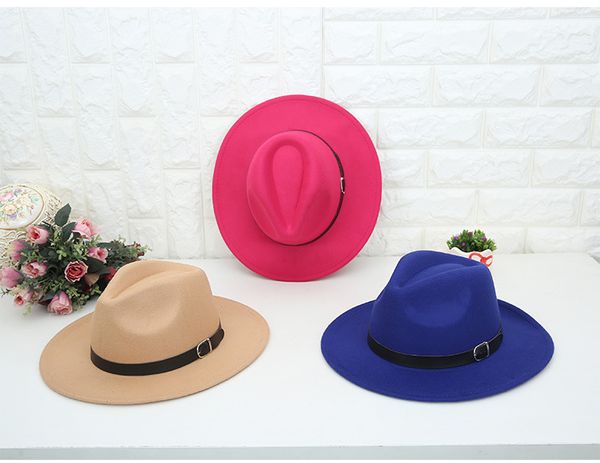 2018 Moda retrò feltro cappello jazz TOP cappelli per uomo donna Elegante feltro solido cappello Fedora fascia larga tesa piatta cappelli jazz berretti Panama