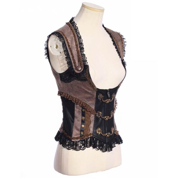 

vintage victorian steampunk waist cincher corset vest trimming with lace sp168, Black;white