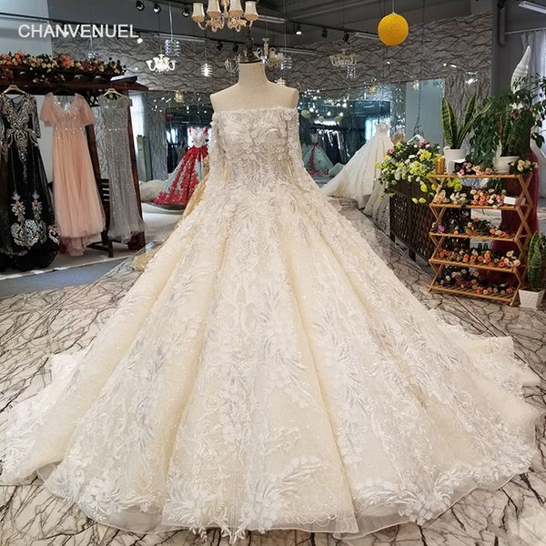 

ls05400 off shoulder wedding dress boat neck long sleeve bride gown shiny flowers quick shipping from china, White