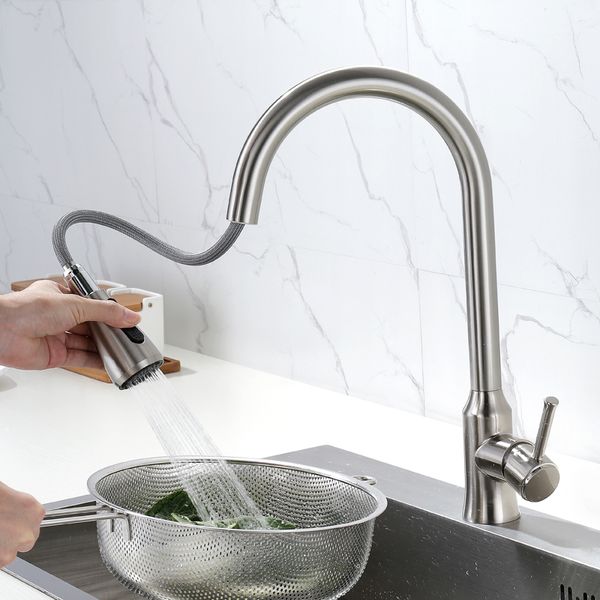 

new design nickel brushed kitchen pull out water tap swivel spout sink faucet 360 degree rotation cold and mixer tap