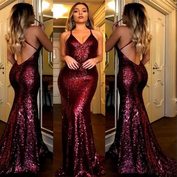 Barato lantejoulas Borgonha Prom Dresses Sereia 2018 Spaghetti Strap Sexy Backless Longo Arica Júnior Dama De Honra Vestidos África Evening Wear