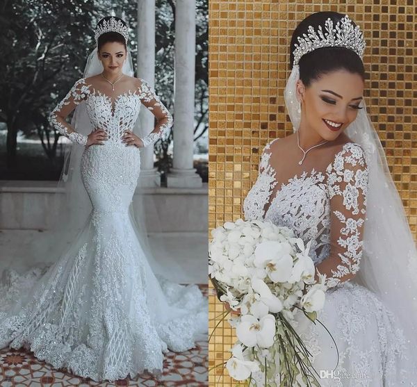 

vintage arabic wedding dresses illusion long sleeves lace appliques sequined mermaid bridal sweep train wedding gowns, White