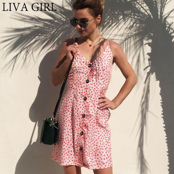 

livagirl summer new v-neck floral print beach dresses for women sling backless sleeveless lacing holiday dress, Black;gray