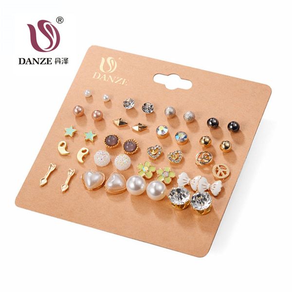 

danze 20 pairs/lot punk fashion stud earrings set for women elegant mixed crystal flower bow metal ball earings jewelry 5 styles, Golden;silver