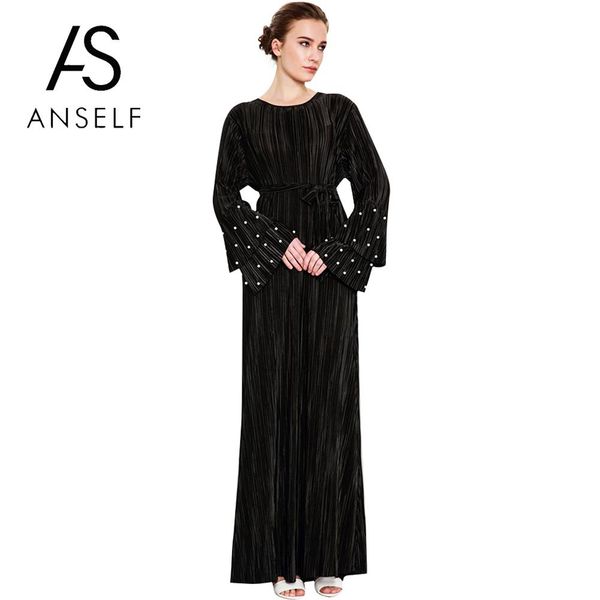 

women long gowns plus size 3xl muslim dress pleated tier flare sleeve beading waist belt maxi dress islamic eleone-piece, White;black