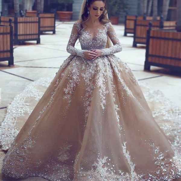 Luxuriöse Strass arabische Hochzeits-Kleid Herrliche wulstige lange Hülse Inline Mermaid Brautkleider Stunning Dubai Brautkleider nach Maß