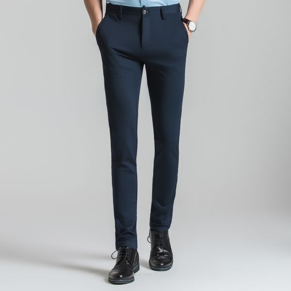

men's wrinkle-stretch casual solid trouser pants flat-front slim straight-fit mid waist dark blue business dress pant, Black
