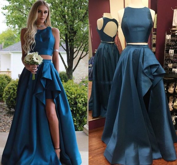 2019 Modest Two Piece High Low Prom Dresses Gioiello Collo Increspato Raso Buco della serratura Indietro Sexy Rosso Royal Blue Abiti da sera Abiti da sera senza schienale