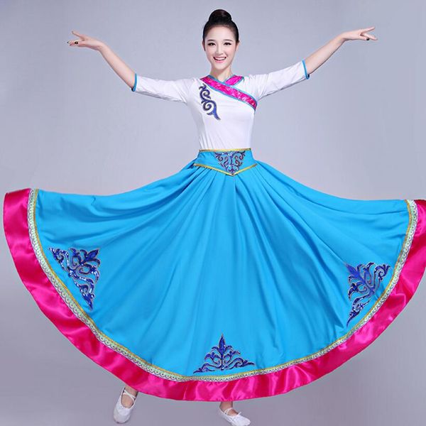 Costume da ballo popolare cinese Abbigliamento da palcoscenico nazionale Vestito da spettacolo in stile tibetano mongolo (top + gonna lunga) abbigliamento da ballo di carnevale da donna