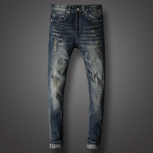 

italian vintage designer men's jeans vintage ripped jeans men classical denim pants brand biker homme, Blue