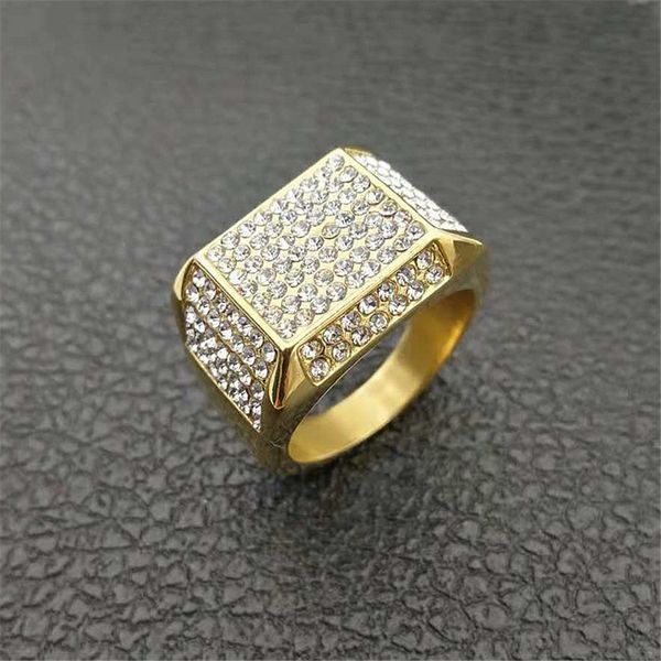 

men's ring iced out bling jewelry wholesale male gold color stainless steel pave rhinestones square rings for men anillos, Golden;silver