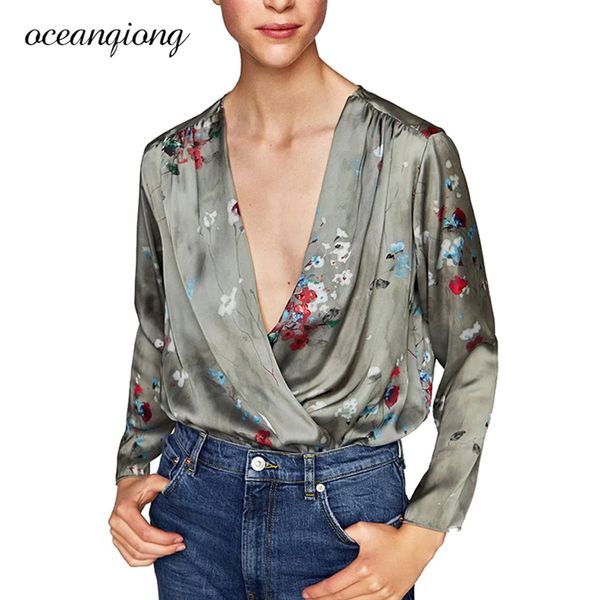 

2018 floral print women blouse shirt long sleeve deep v-neck blouse shirt bodysuits autumn women and, White