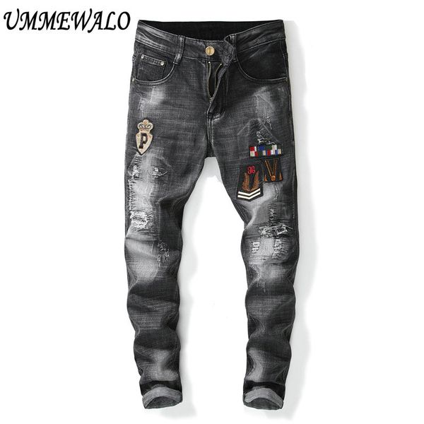 

ummewalo ripped jeans for men denim skinny jeans mens fashion slim straight patchwork jean male brand pat'che's hombre, Blue