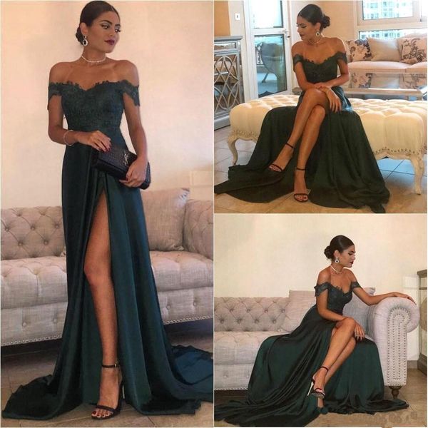 

Dark Green Sexy Prom Dresses 2018 Off the Shoulder High Split Cheap Evening Party Gowns Floor Length Long Evening Dresses