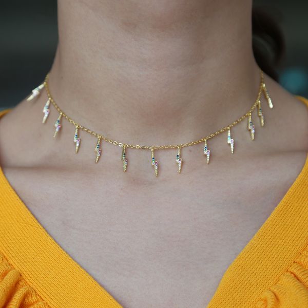 

statement gold color necklace for lady party gift colorful cz paved charm choker elegance jewelry collar chain, Silver