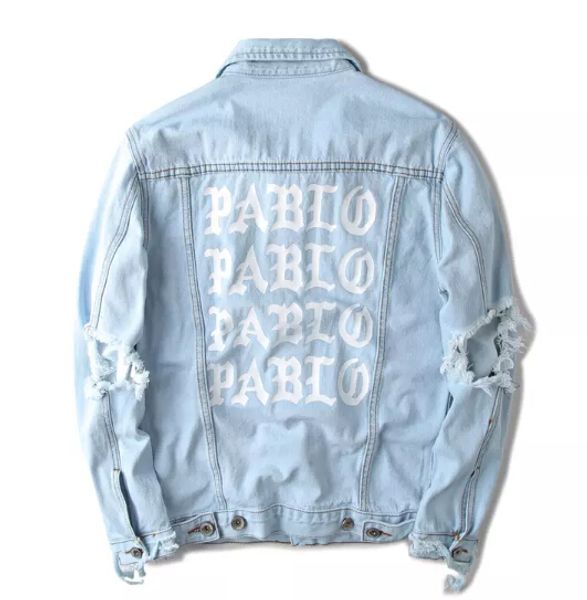 

Hot Sales KANYE West PABLO Print Single Breasted Denim Jacket Streetwear Lapel Neck Damaged Ripped Men Jackets Male Tops Denim Clothing