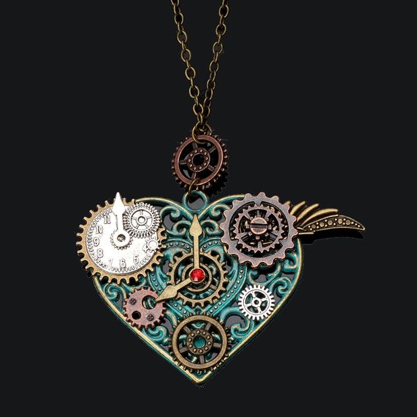 

vintage jewelry heart pendant with various gears mechanical steampunk exquisite antique bronze necklace cool punk, Silver