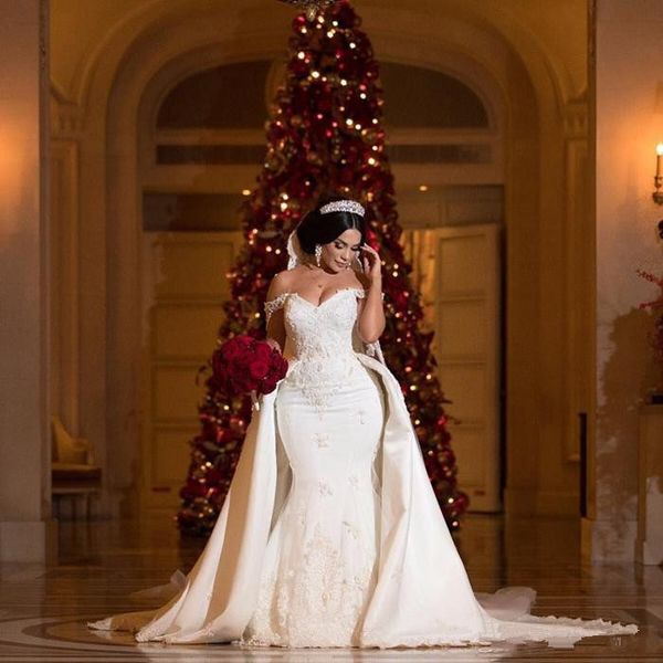

mermaid wedding dress off shoulder beaded appliques floor length luxury bridal gowns custom size, White