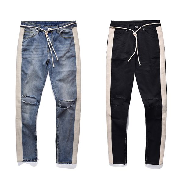 

2018 men fashion white stripe straight ripped inked elastic high street biker hole jeans blue bottom side zipper hip hop jeans, Black