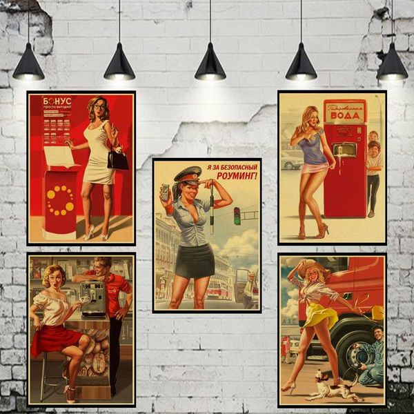 

world war ii red pin-up girls ussr soviet vintage kraft paper retro poster bar cafe living room wall decorative paintings