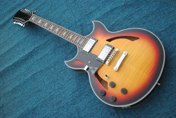 NEUE Custom 12 Saiten Gitarre Linkshänder Gitarre Sunburst Hohlkörper Jazz E-Gitarre