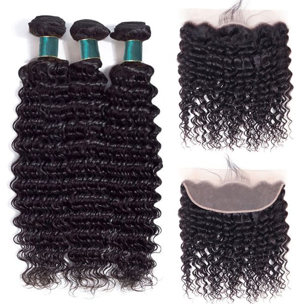 

10a deep wave human hair bundles with frontal brazilian cuticle aligned hair 3 bundles with ear to ear closure 13x4 lace frontal extensions, Black
