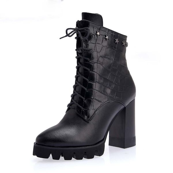 

2018 fashion genuine leather cow leather wholesale boots woman square high heels ankle boots shoes woman, Black